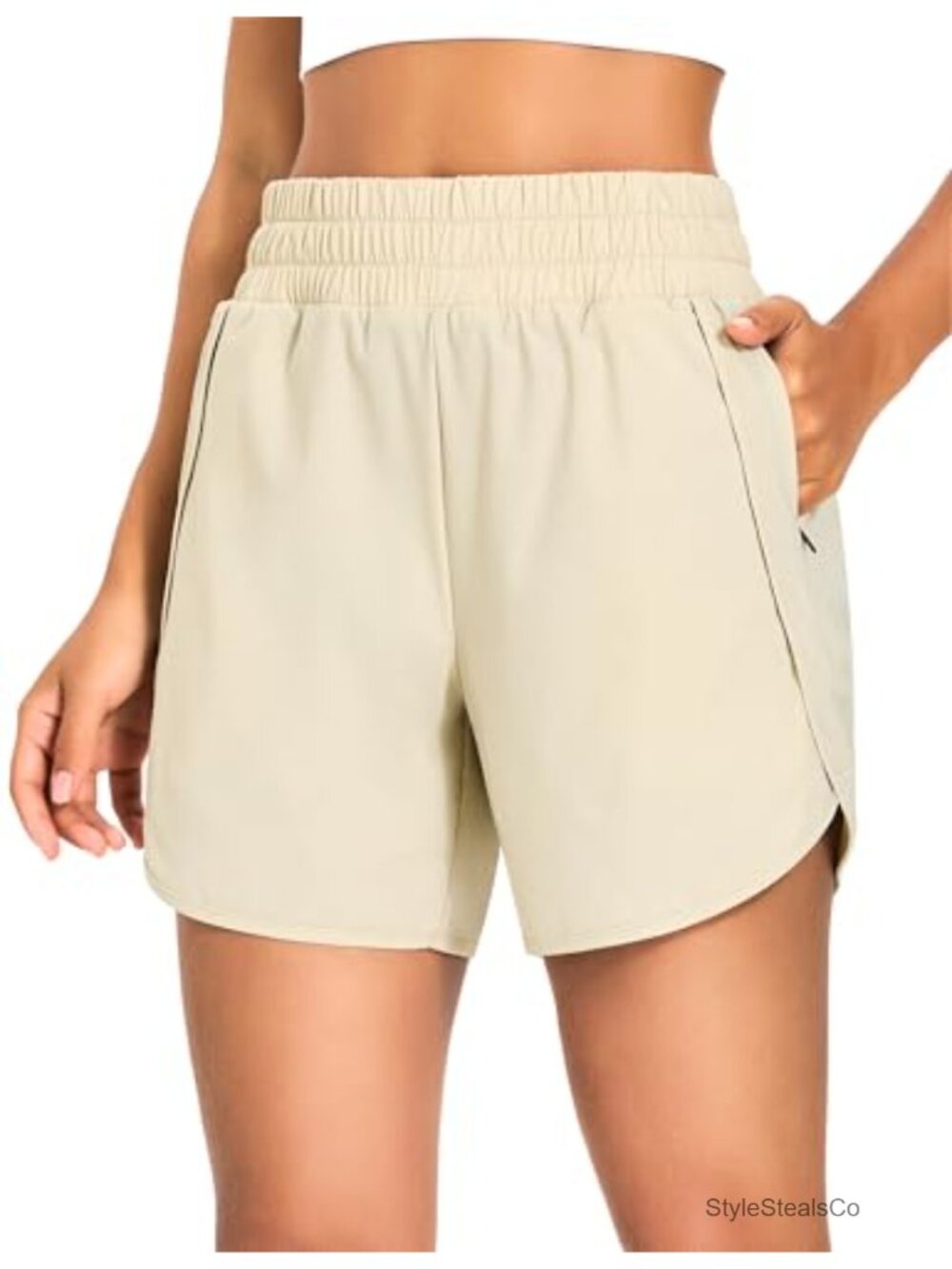 Women's High Waisted Dolphin Hem Athletic Running Shorts with Zip Pockets, 5"